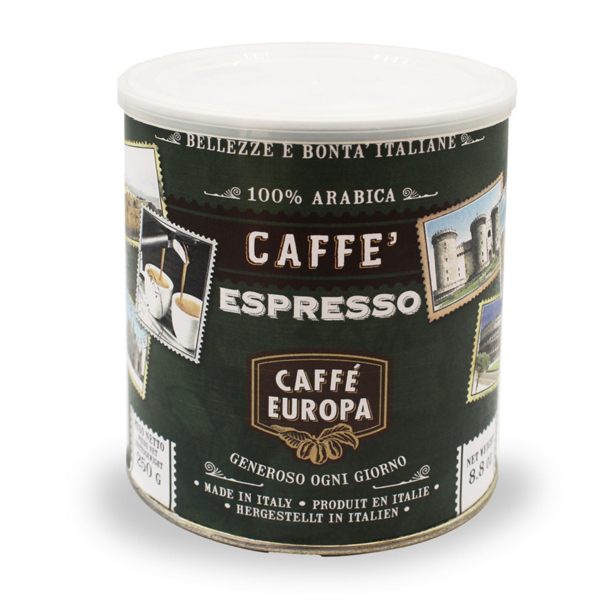 Caffè Europa - 250g Caffè Macinato per Espresso 100% Arabica Tostatura  Artigianale, Lattine da Collezione con Francobolli Italia versione Verde