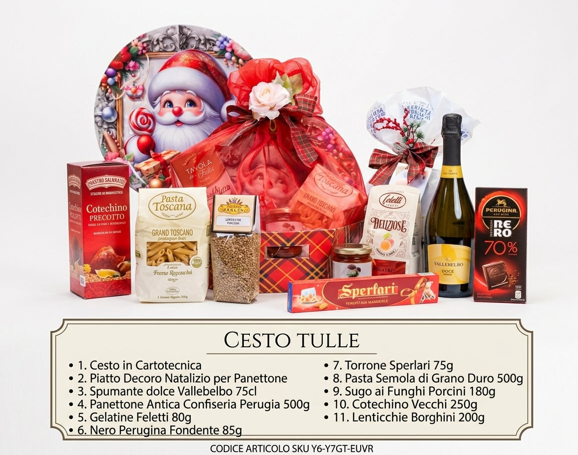 Cesto Regalo Natalizio Tulle 10 Pezzi con Servi Pandoro Panettone
