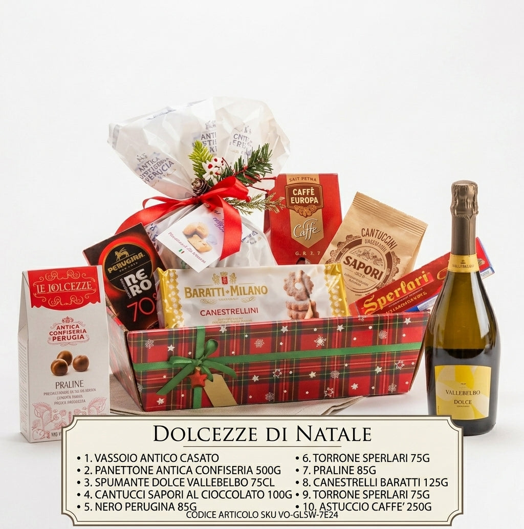 Cesto Natalizio "Dolcezze di Natale" con Vassoio e Spumante Speciale Italia 9 Pezzi