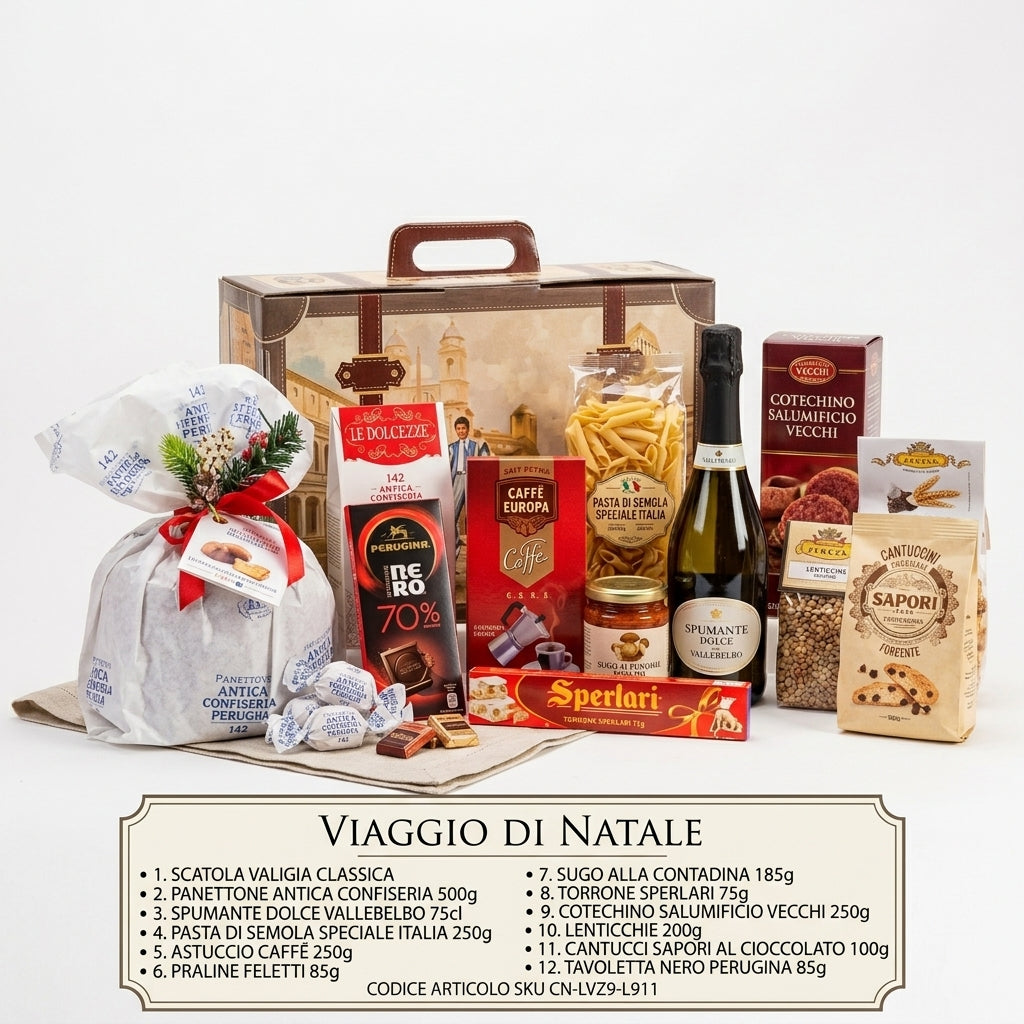 Cesto Regalo Natalizio "Viaggio di Natale" in Valigia Decorata 11 Pezzi