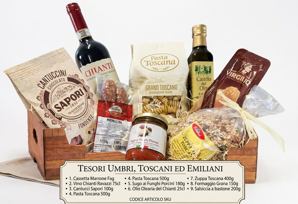 Cesto Regalo Gastronomico "Tesori Umbri, Toscani ed Emiliani" in Cassetta di Legno 8 Pezzi