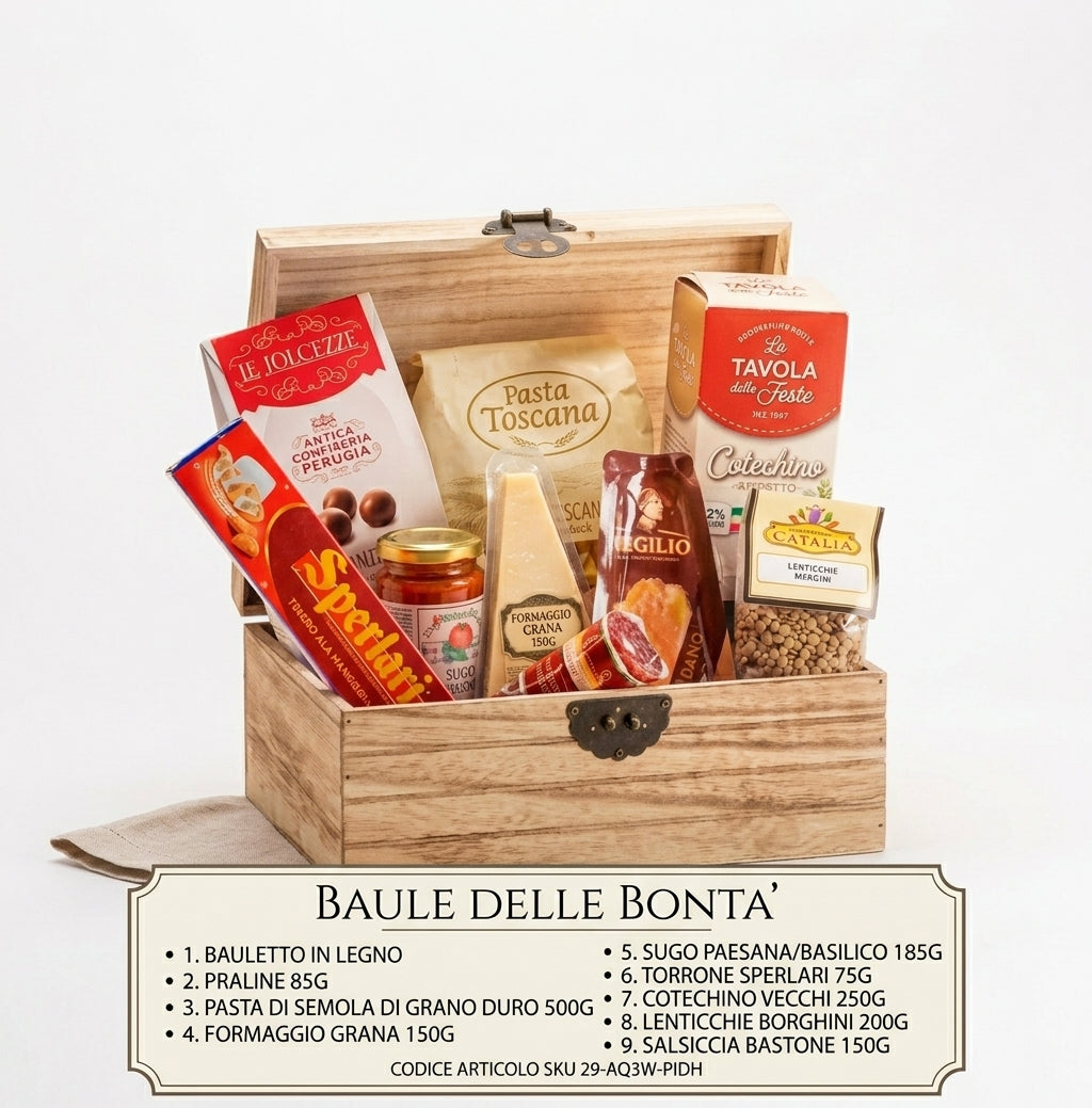 Cesto Regalo Natalizio Speciale Italia "Baule delle Bontà" in Legno 8 Pezzi