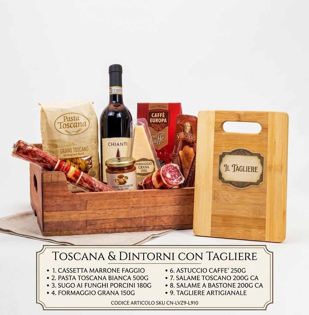 Confezione Regalo Cesto Gastronomico Toscana & Dintorni con tagliere in legno 8 Pezzi