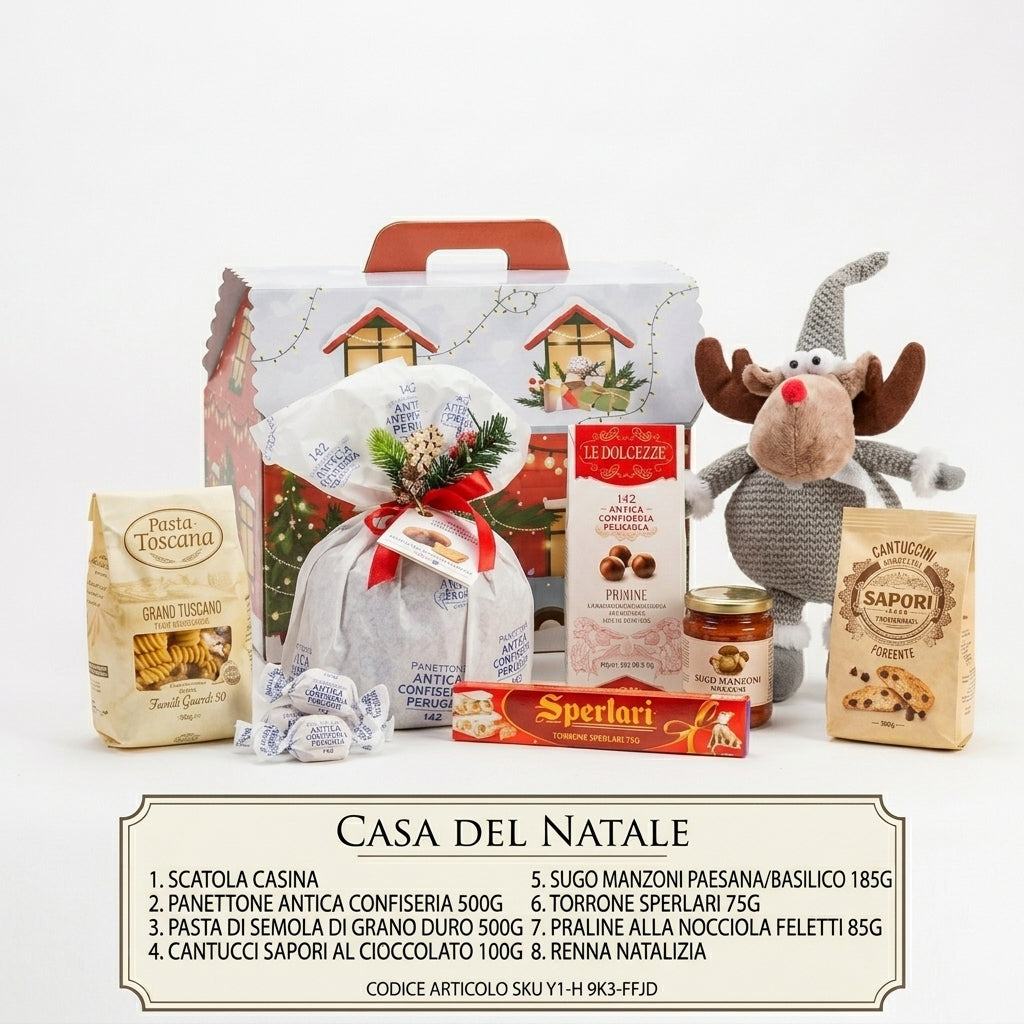 Cesto Regalo Natalizio "Casa del Natale" con Peluche Renna 7 Pezzi
