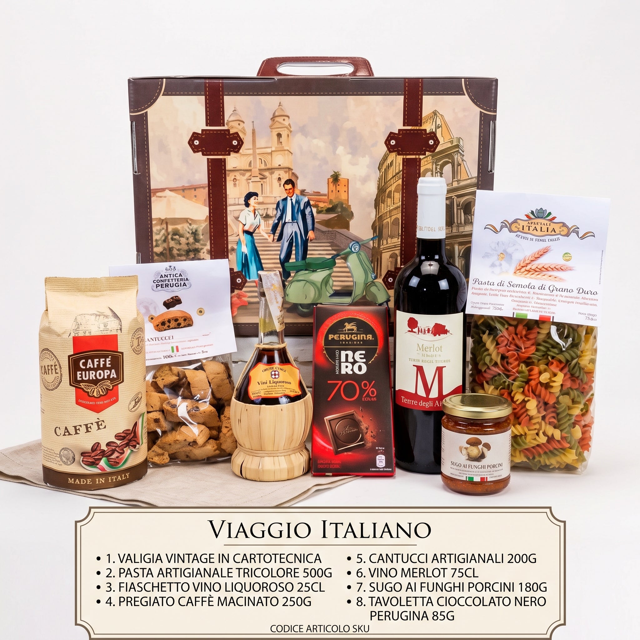 Confezione Regalo "Viaggio Italiano" – Cesto Gastronomico con Eccellenze Italiane 6 Pezzi