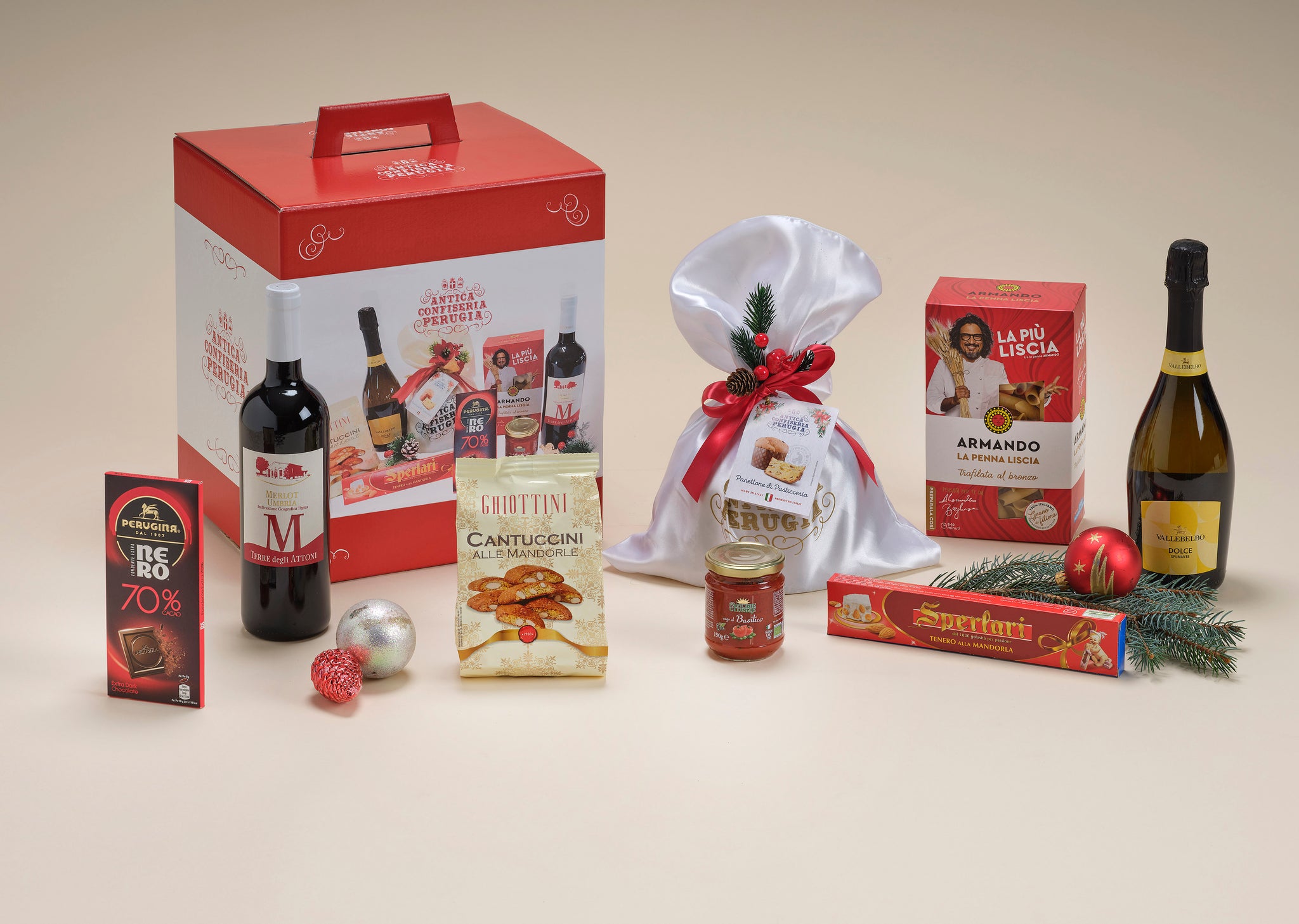 Cesto Regalo "Lantana" 9 Pezzi con Vino Merlot Umbria, Pasta Armando e Panettone Antica Confiseria Perugia